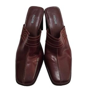 Nicole Burgundy Leather Heeled Mules Square Toe Slip On Shoes